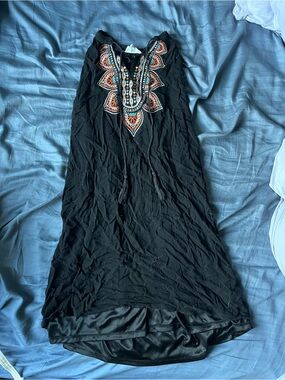 Black Sleeveless Tunic Dress with Colorful Embroidered Yoke